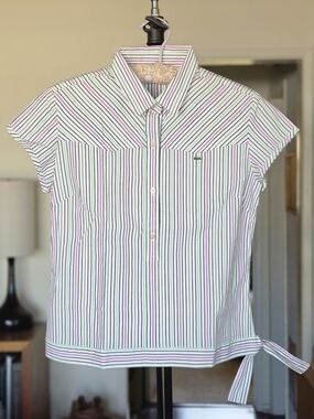Lacoste Women’s Striped Short Sleeve Button Front Top Made In Japan NWOT